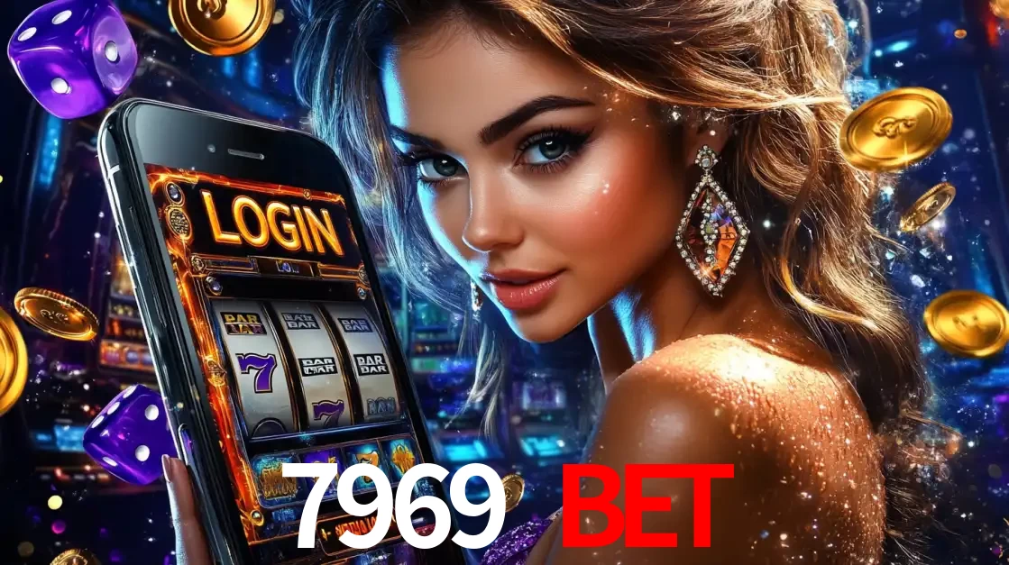 Mulher glamorosa segurando um smartphone com a tela de login para os jogos de caça-níqueis do cassino online 7969 bet, com moedas de ouro e dados ao redor.